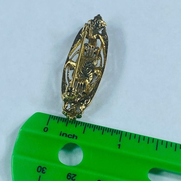 Art Deco Pin Brooch Gold Tone Faux Black Onyx Clear Rhinestone Vintage Jewelry - Picture 7 of 16